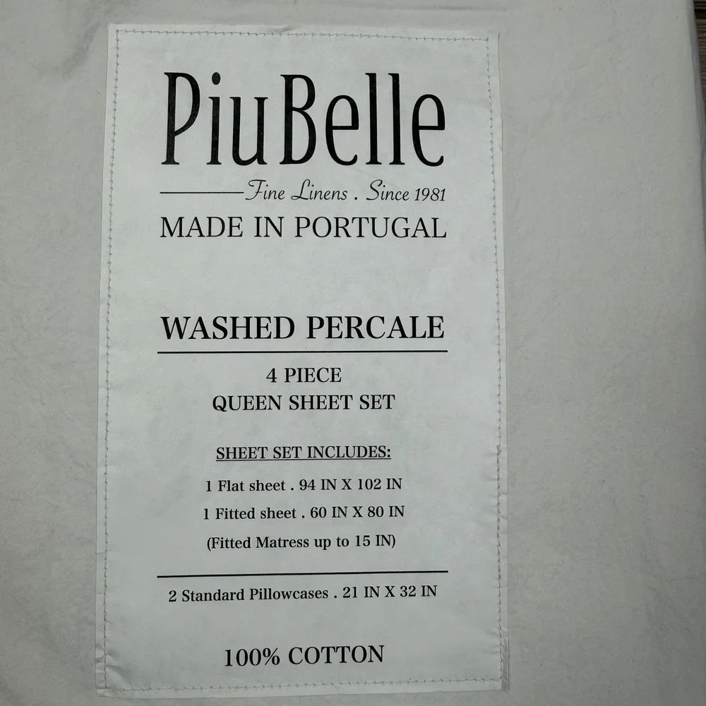 Piu Belle Queen Sheet Set White Washed Percale 100% Cotton Portugal 4pc New